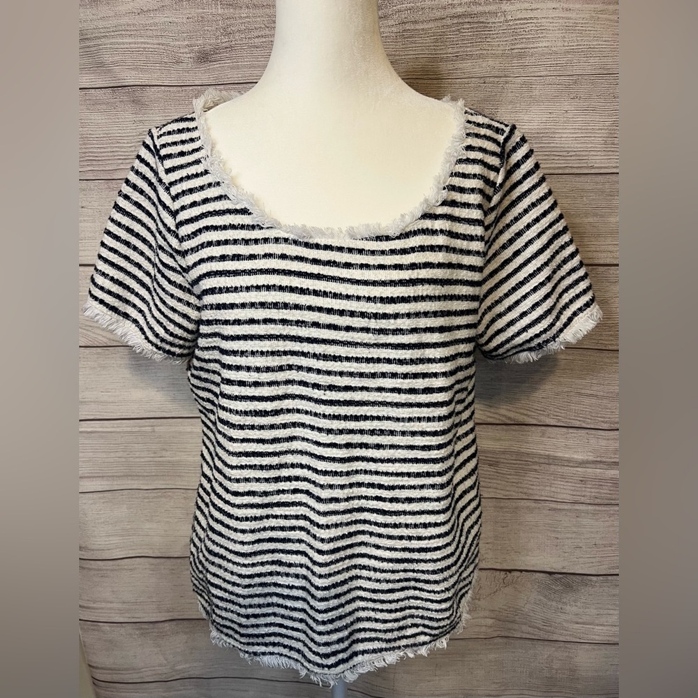Green Envelope Top Womens L Navy Striped Short Sleeve Textured Knit Pullover